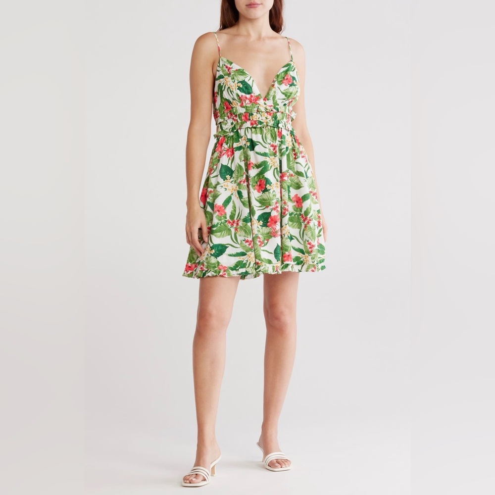 Wayf Hibiscus‎ Tropical Floral Shirred Linen Blend Mini Dress